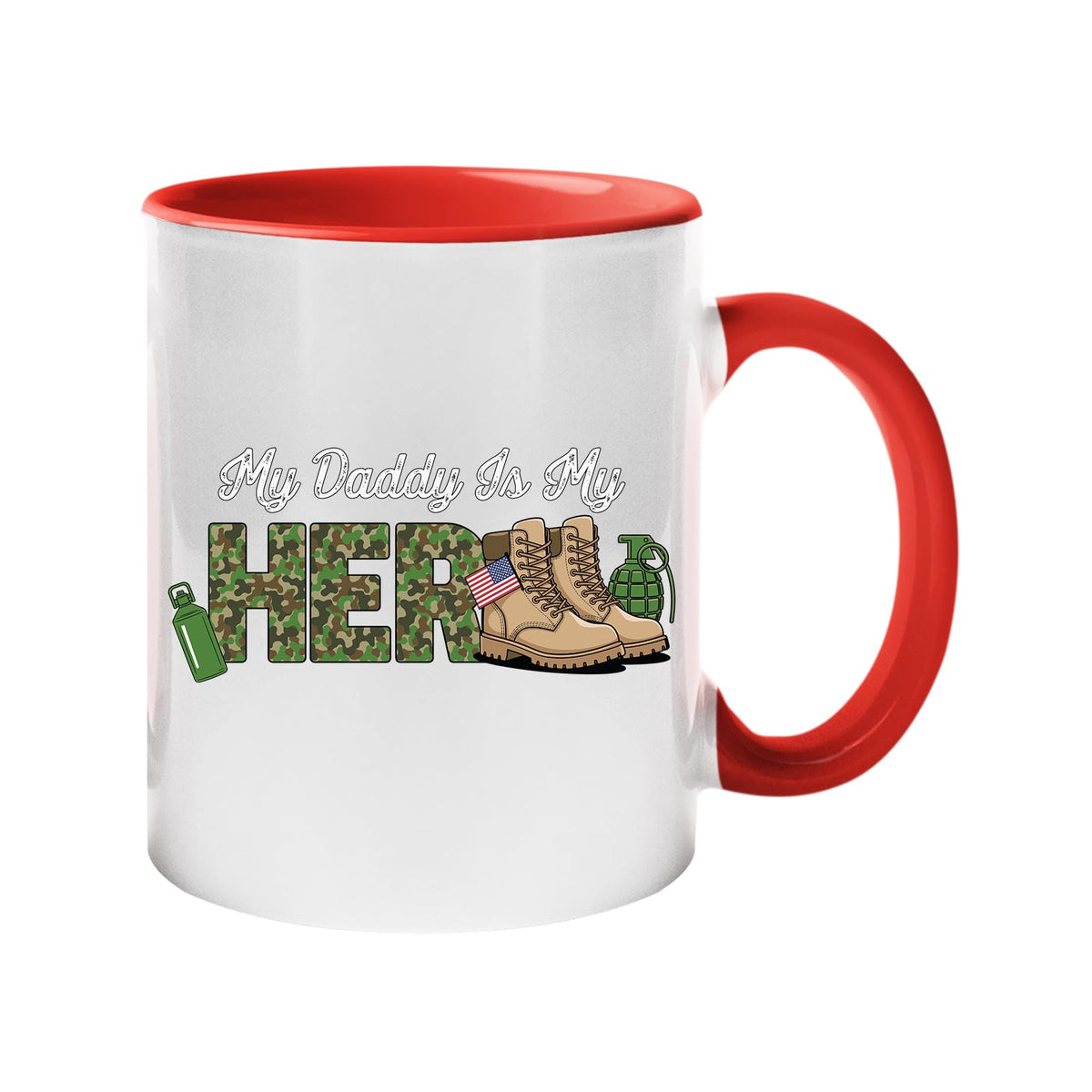 Colour handle mug with “My Daddy is my hero” in camo lettering with army boots and a flag – red handle and inside