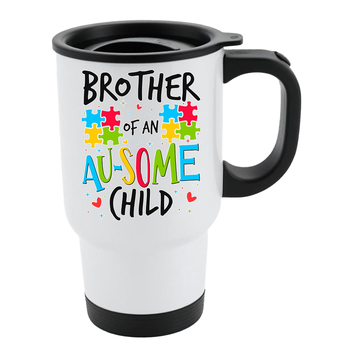 White travel mug with black lid and “Brother of an AU-SOME child” with colourful puzzle pieces