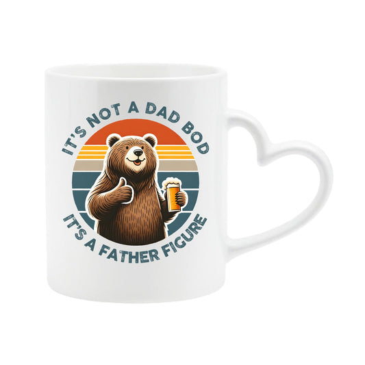 White heart-handle mug with a thumbs-up bear with a beer on a retro sunset and “It’s not a dad bod, it’s a father figure”