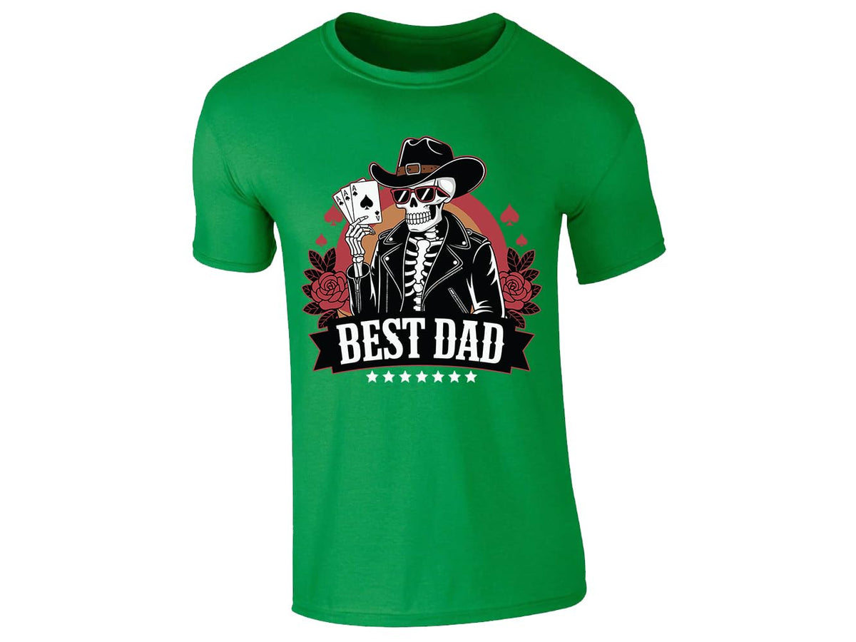 Irish Green men's T-shirt with skeleton cowboy “Best Dad” poker design