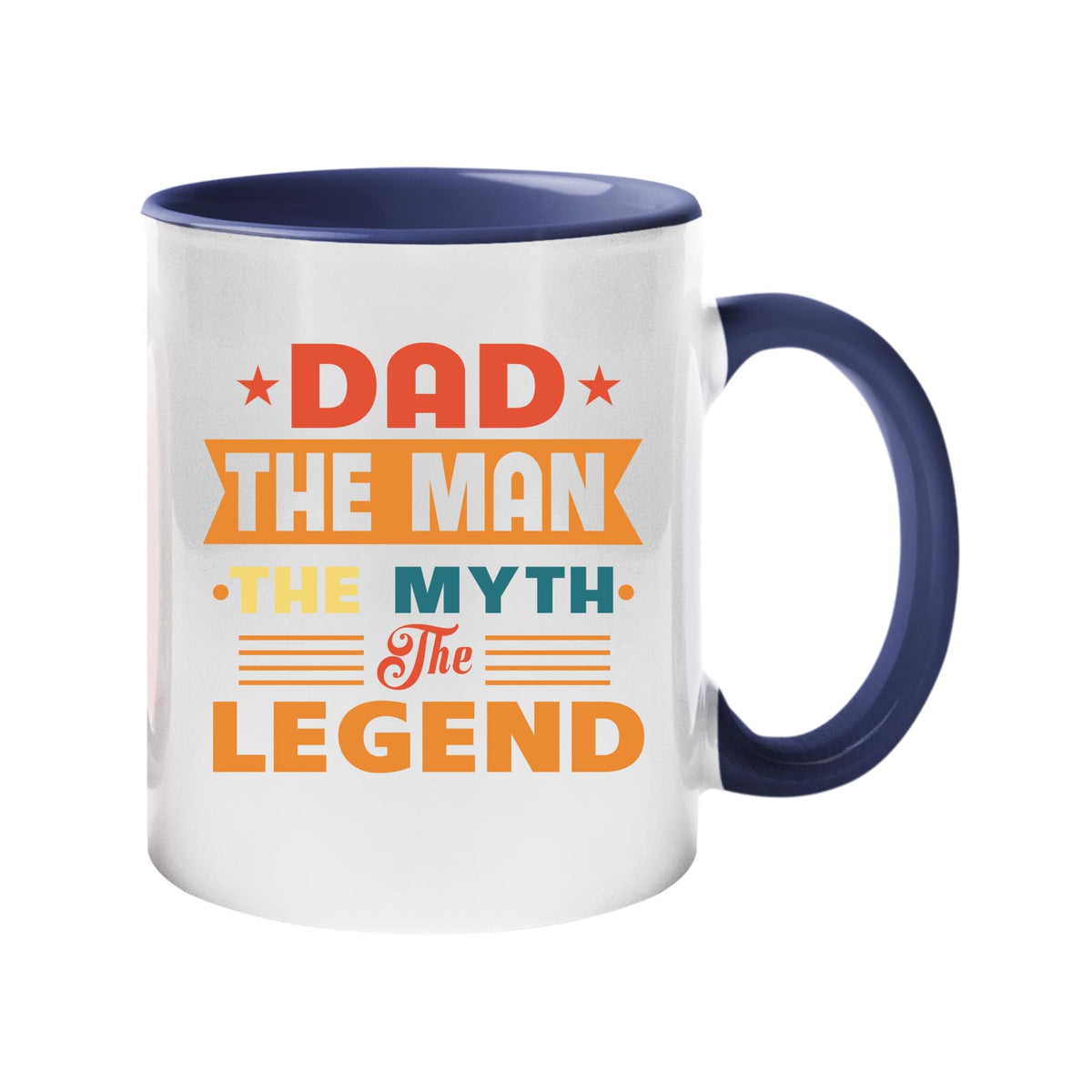 Colour handle mug with “Dad – the man, the myth, the legend” in retro banner lettering – dark blue handle and inside