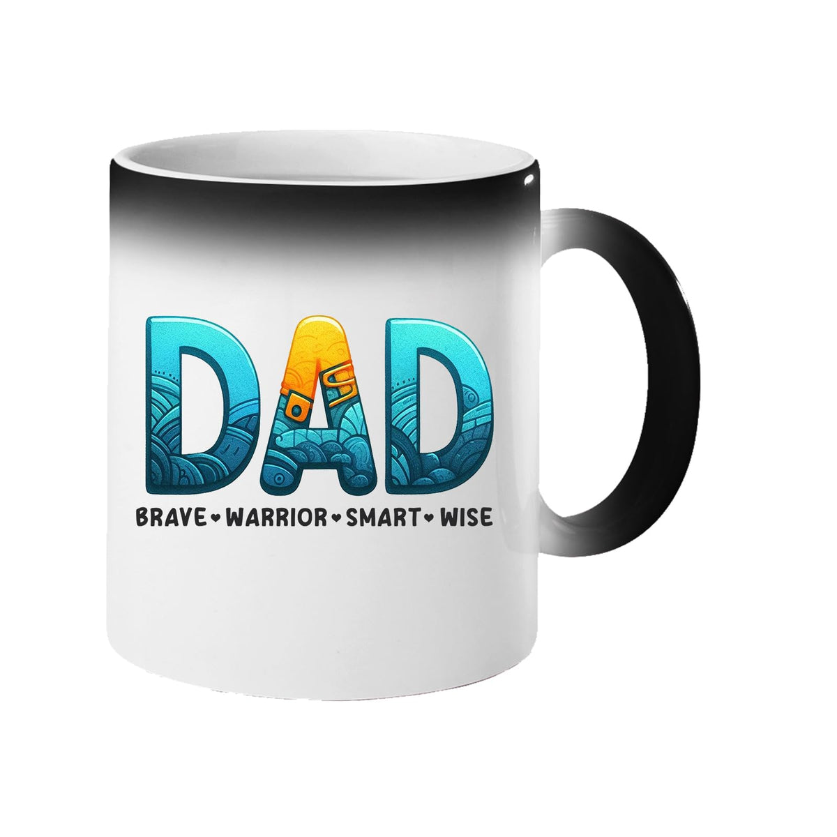 Colour changing mug revealing “DAD” in patterned blue and gold lettering above “brave · warrior · smart · wise”