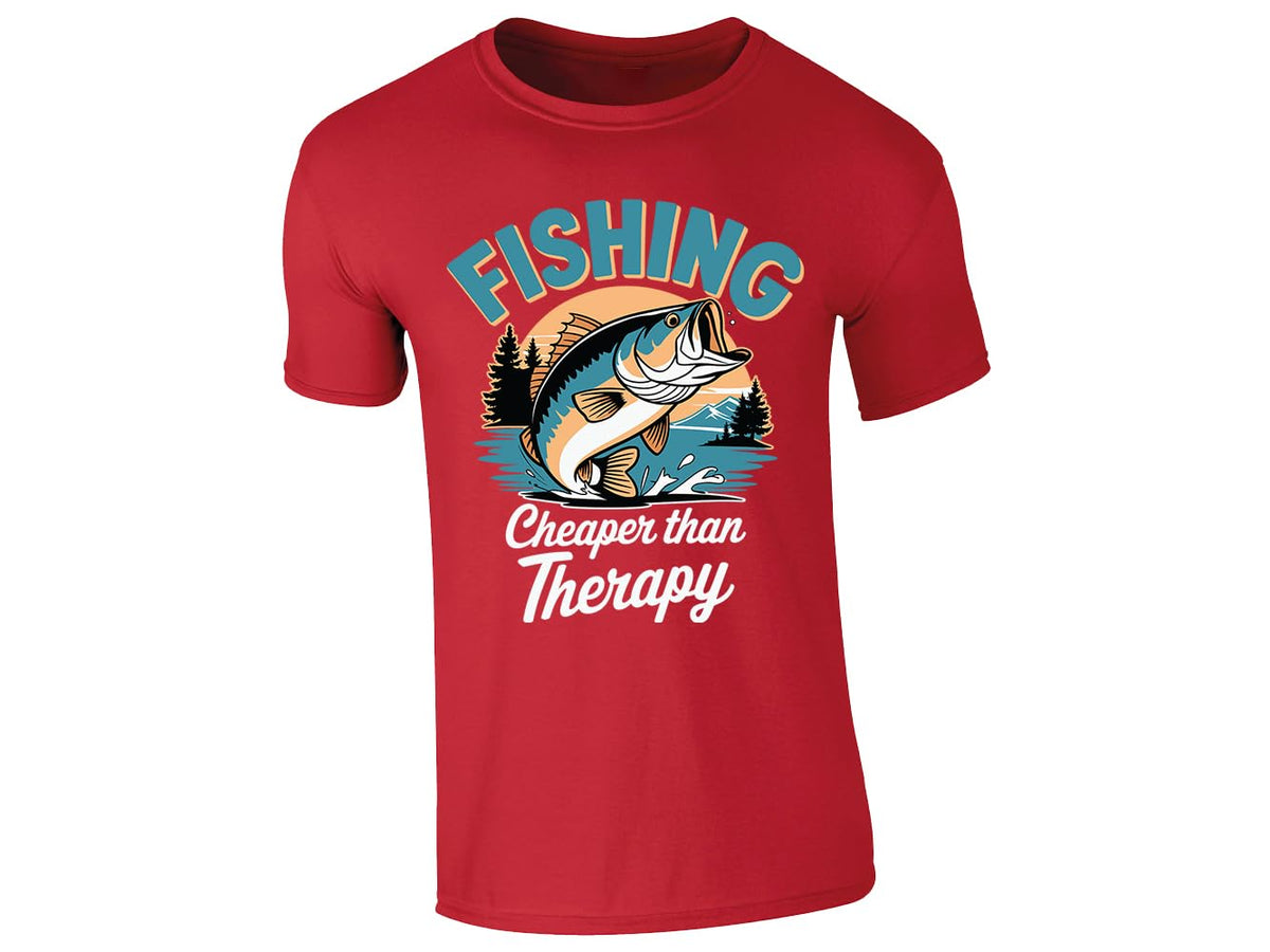 Red men's T-shirt with “Fishing – cheaper than therapy” bass design
