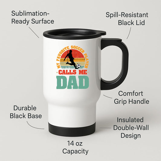 Travel mug with labels for spill-resistant lid, insulated double wall and 14oz capacity