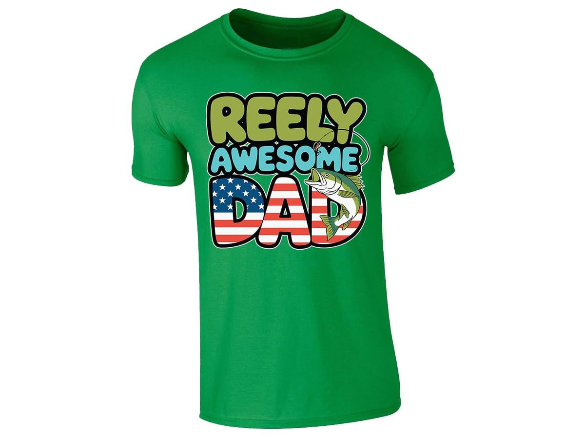 Irish Green men's T-shirt with “Reely Awesome Dad” stars and stripes fish design