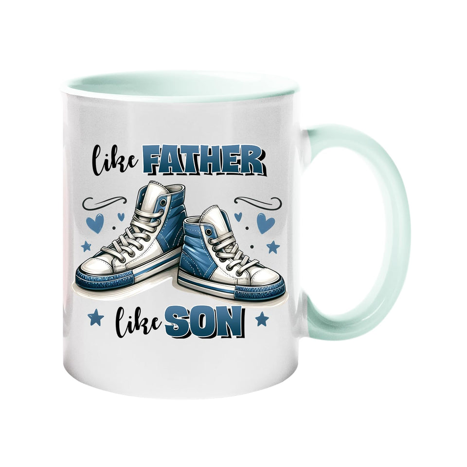 Colour handle mug with a pair of blue high-top sneakers with hearts and “Like father, like son” – lime handle and inside