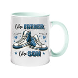 Colour handle mug with a pair of blue high-top sneakers with hearts and “Like father, like son” – lime handle and inside