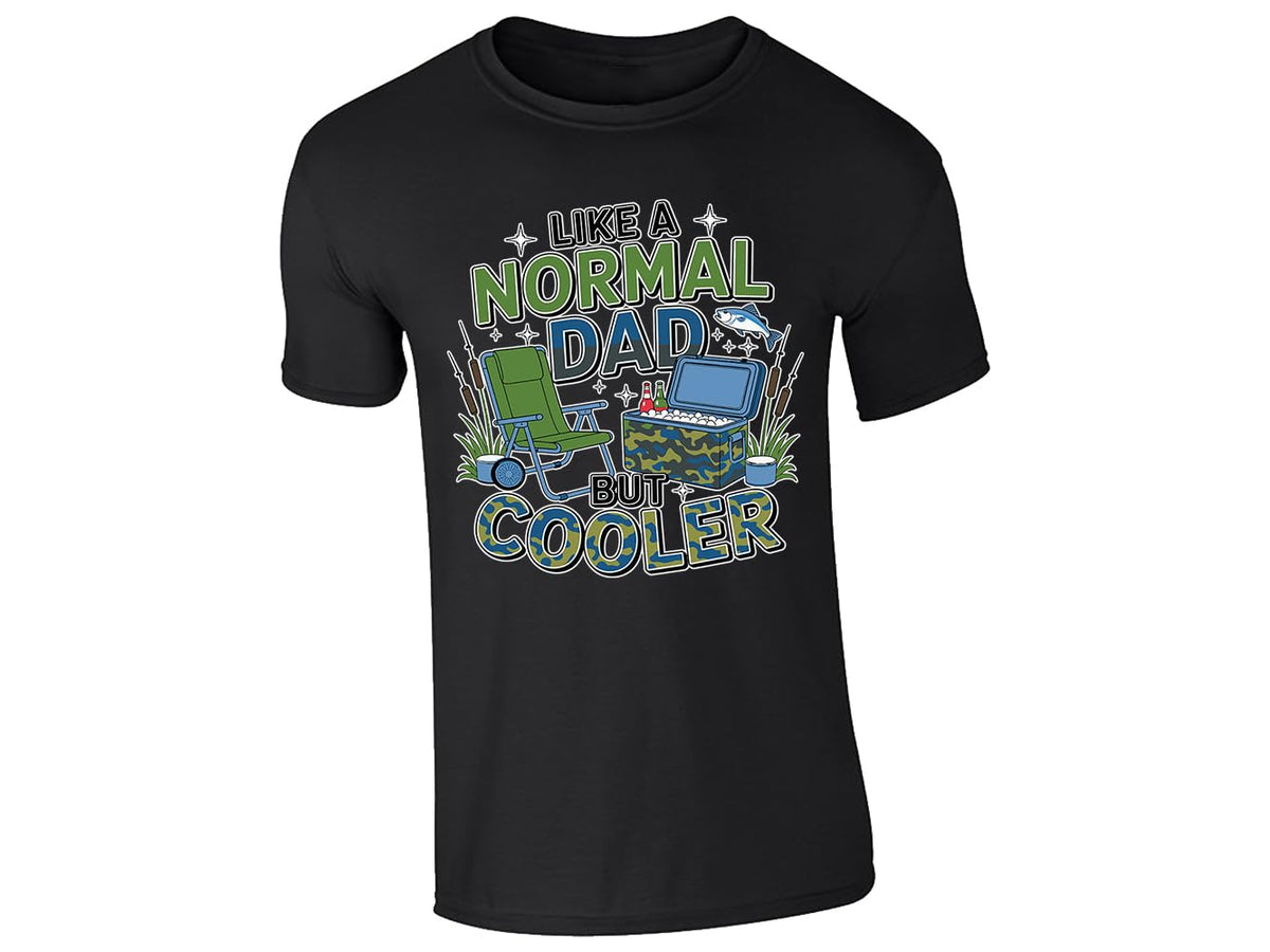 Black men's T-shirt with “Like a normal dad but cooler” camping chair and cool box design