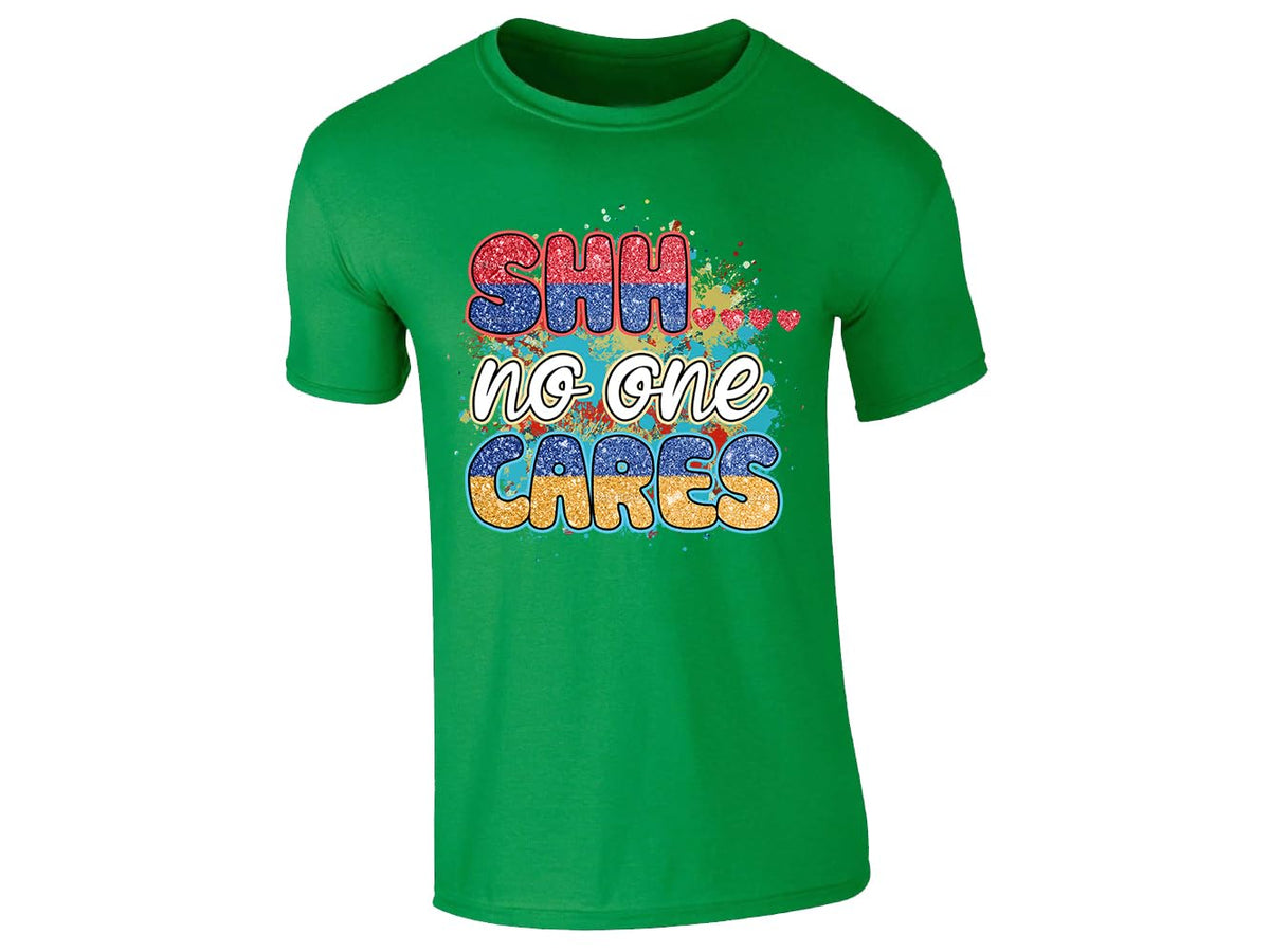Irish Green men's T-shirt with “Shhh… no one cares” design