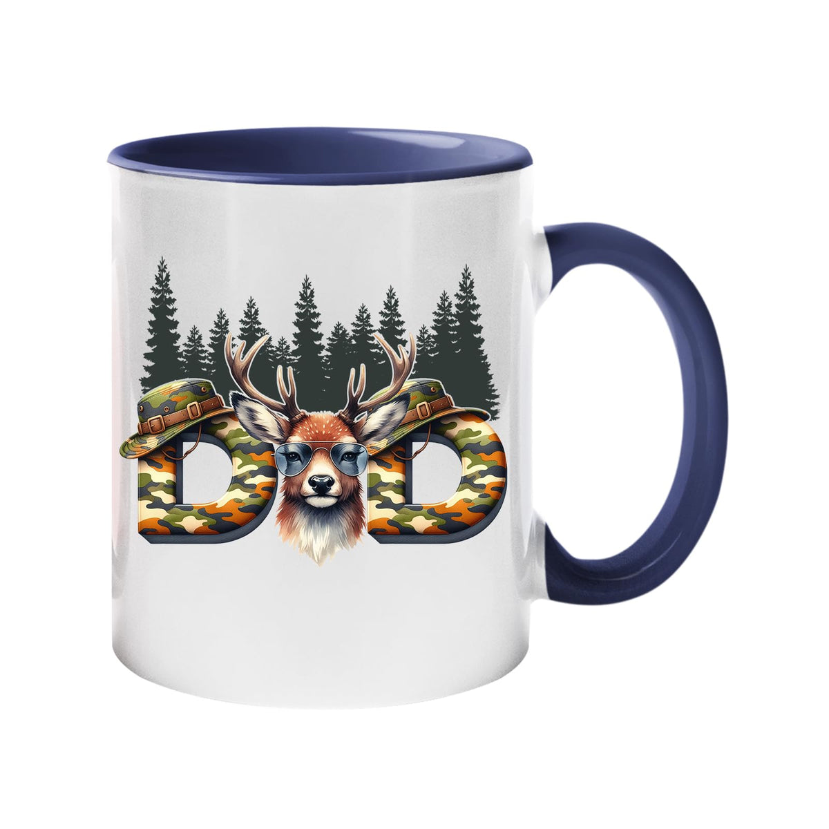 Colour handle mug with camo “DAD” letters with a stag’s head and pine forest – dark blue handle and inside