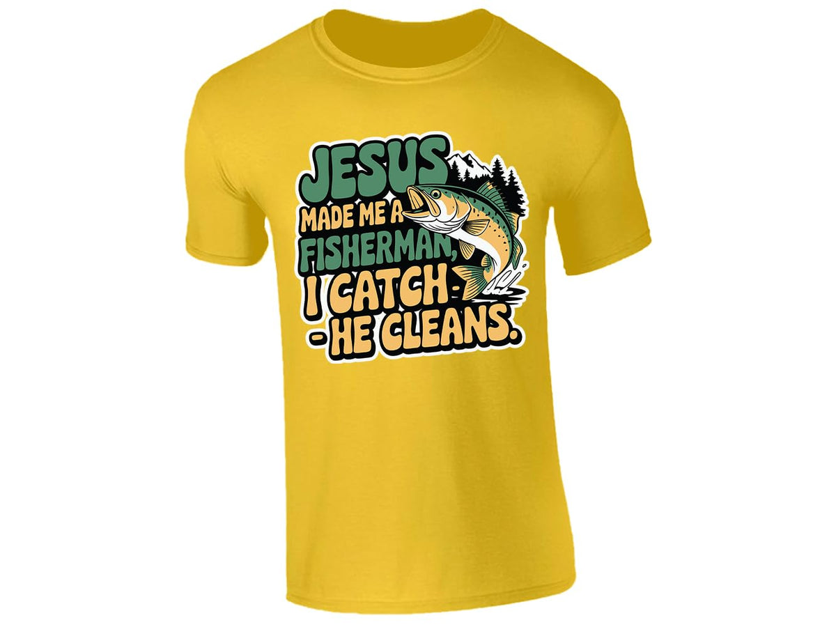 Yellow men's T-shirt with “Jesus made me a fisherman – I catch, He cleans” design
