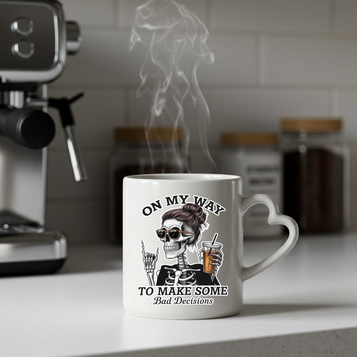 Steaming Bad Decisions skeleton heart-handle mug on a kitchen counter