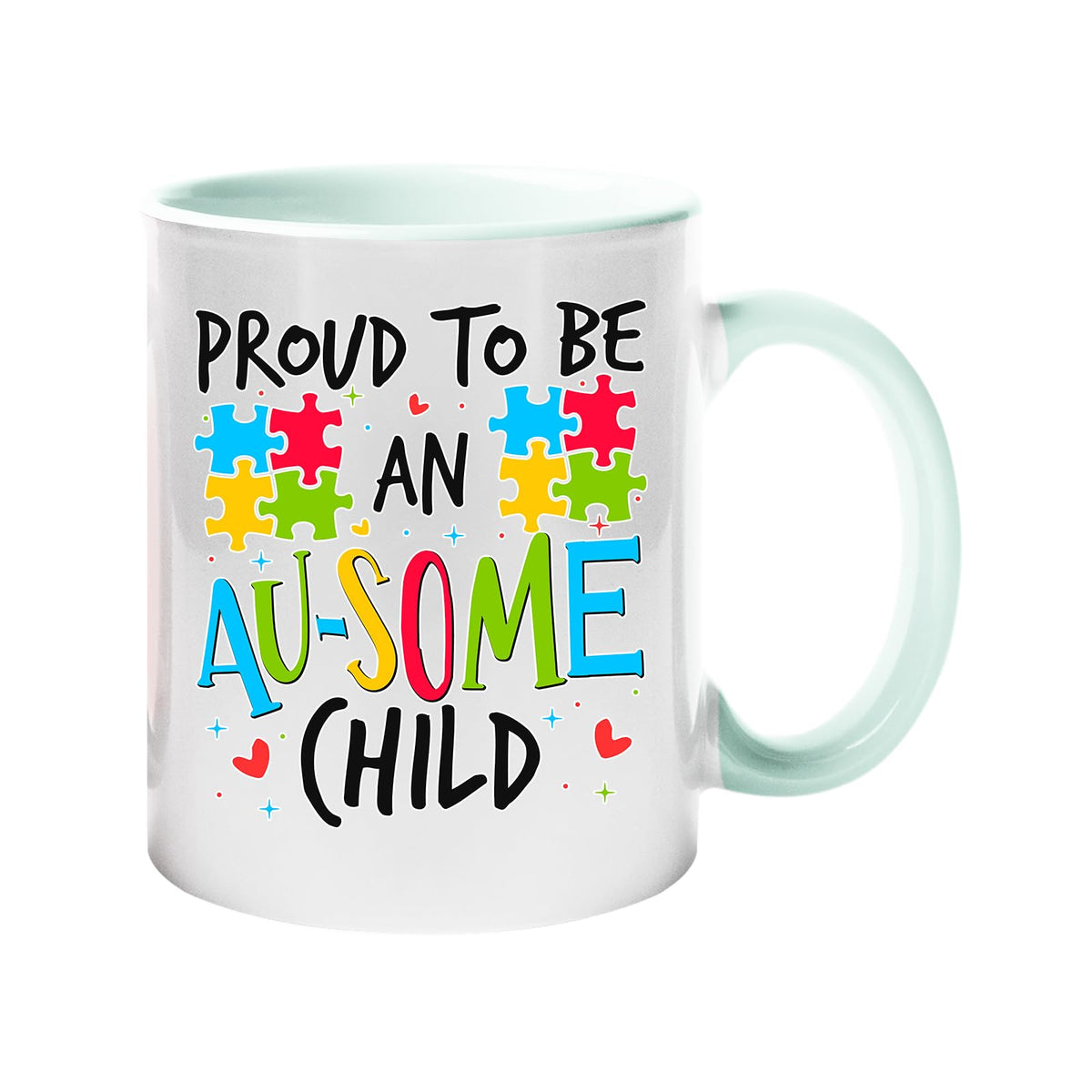 Colour handle mug with “Proud to be an AU-SOME child” with colourful puzzle pieces – lime handle and inside