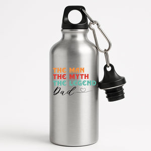 Silver aluminium water bottle with “The man, the myth, the legend” in retro colours signed “Dad” with a heart