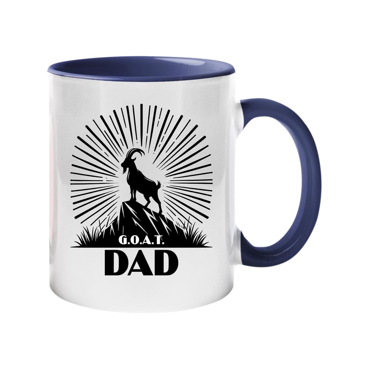 Colour handle mug with a mountain goat on a peak with a sunburst and “G.O.A.T. Dad” – dark blue handle and inside