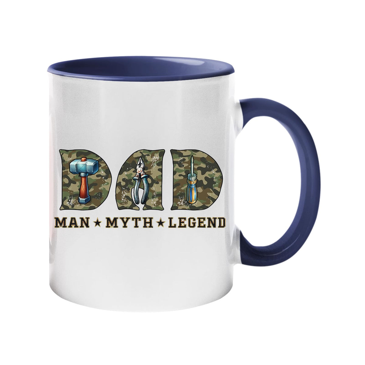 Colour handle mug with camo “DAD” letters with a hammer, pliers and screwdriver above “Man ★ Myth ★ Legend” – dark blue handle and inside
