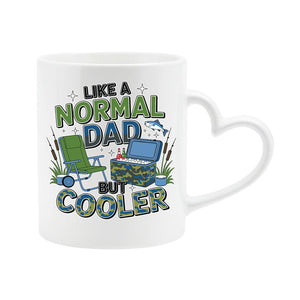 White heart-handle mug with camping chairs, a cool box and a fishing rod with “Like a normal dad, but cooler”