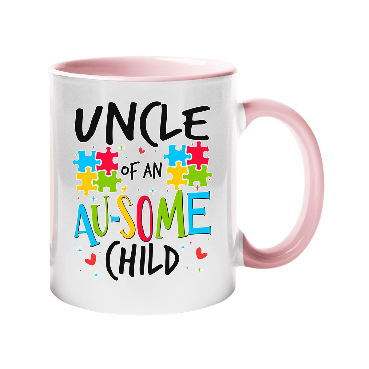 Colour handle mug with “Uncle of an AU-SOME child” with colourful puzzle pieces – light pink handle and inside