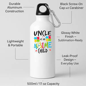 White aluminium water bottle with “Uncle of an AU-SOME child” with colourful puzzle pieces