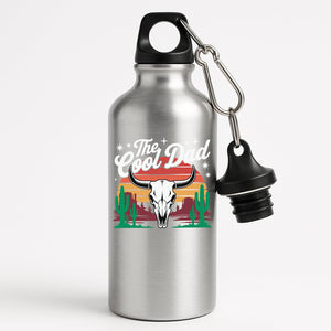 Silver aluminium water bottle with a bull skull, cacti and a retro desert sunset with “The Cool Dad”