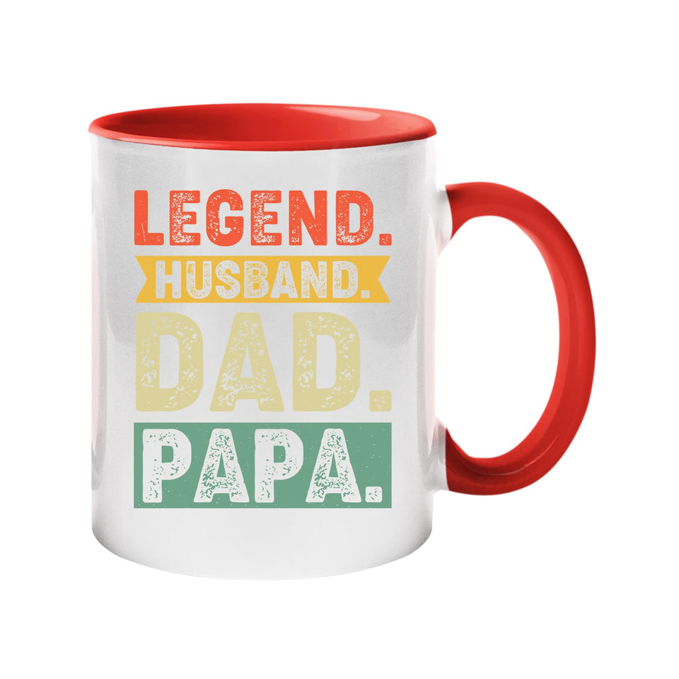 Colour handle mug with “Legend. Husband. Dad. Papa.” in distressed retro colour blocks – red handle and inside
