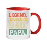 Colour handle mug with “Legend. Husband. Dad. Papa.” in distressed retro colour blocks – red handle and inside