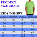 Kids' T-shirt size chart with height, width and length by age