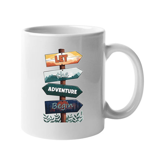 White mug with wooden signposts spelling out “Let the adventure begin”