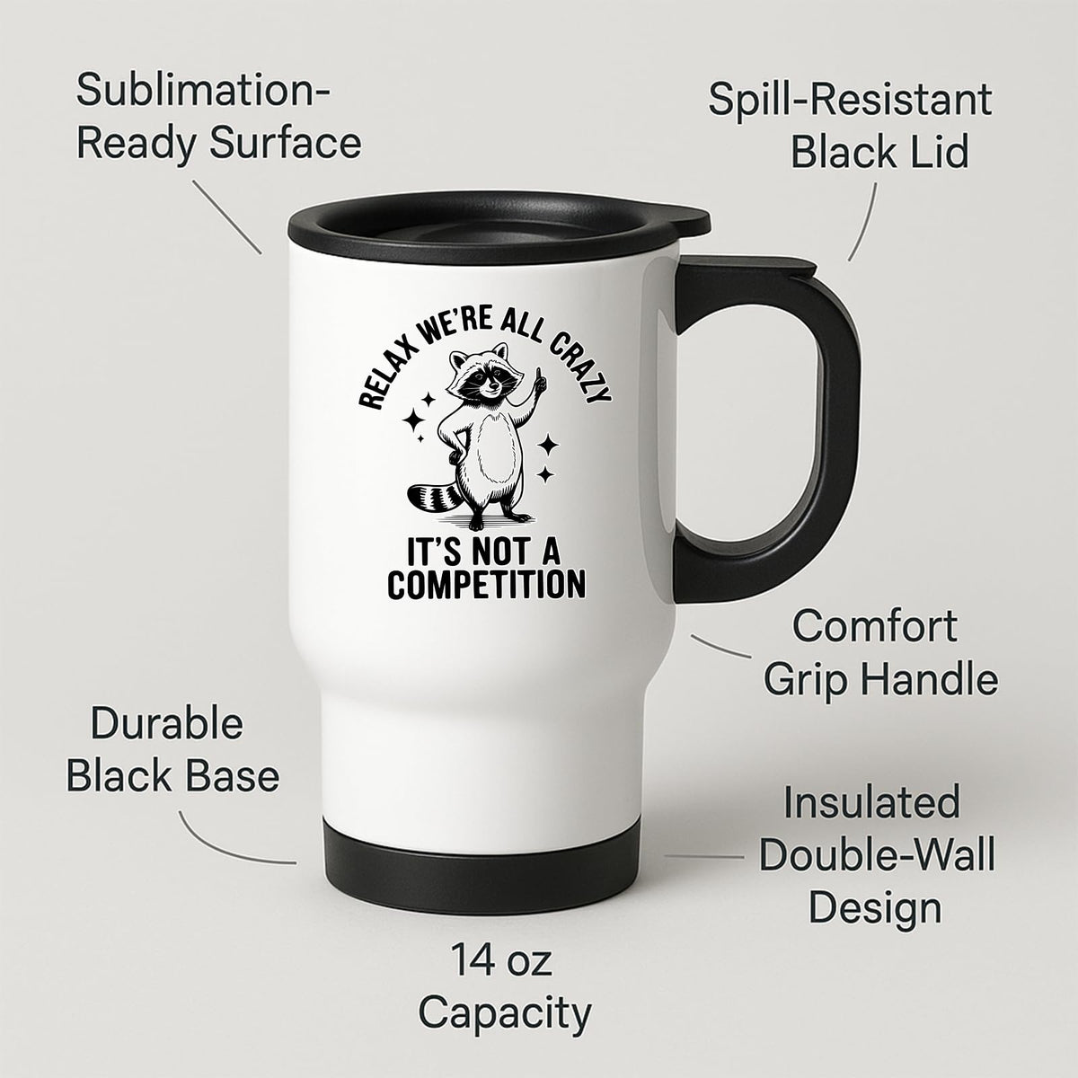 Travel mug with labels for spill-resistant lid, insulated double wall and 14oz capacity