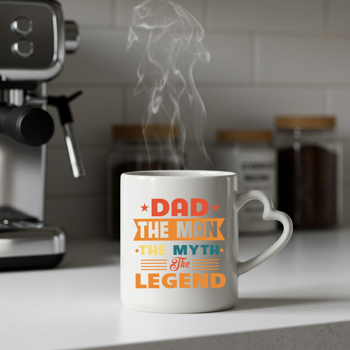 Steaming Dad the Man retro heart-handle mug on a kitchen counter