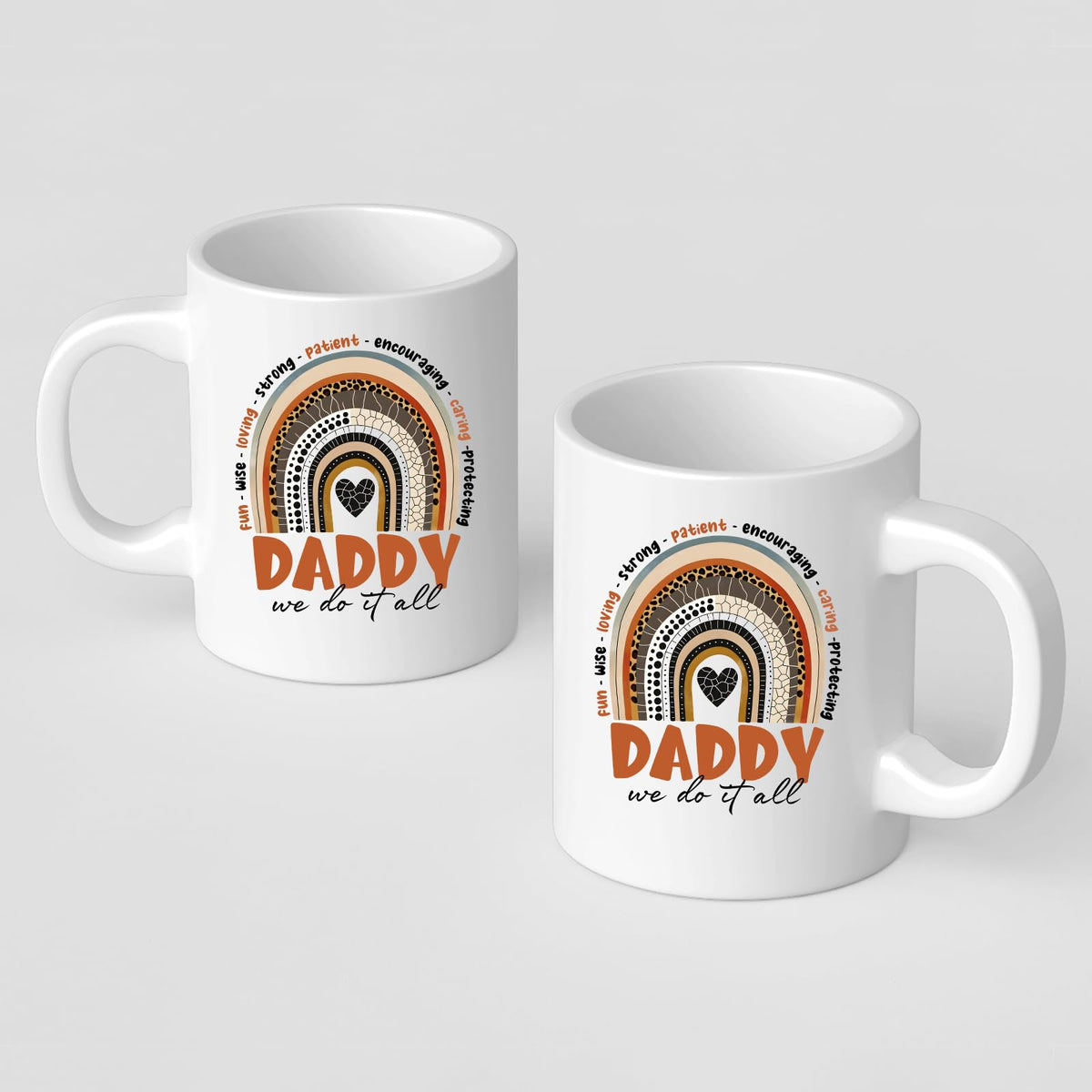 Front and back of the Daddy boho rainbow mug