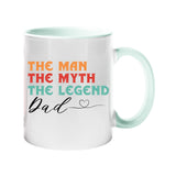 Colour handle mug with “The man, the myth, the legend” in retro colours signed “Dad” with a heart – lime handle and inside