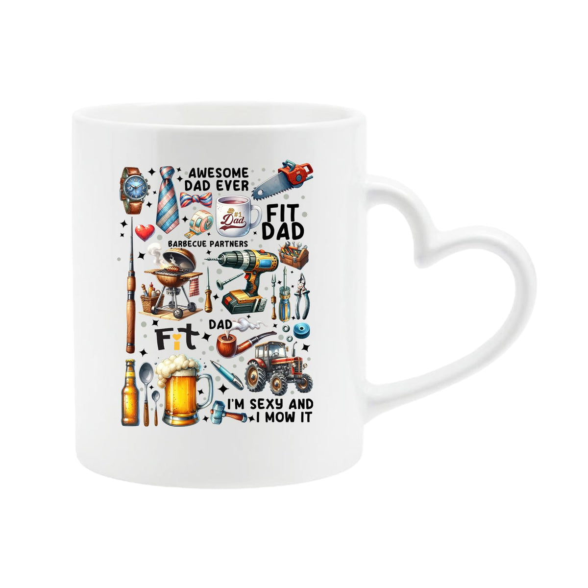White heart-handle mug with a collage of dad favourites – BBQ, tools, beer, a tractor and “Awesome Dad Ever”