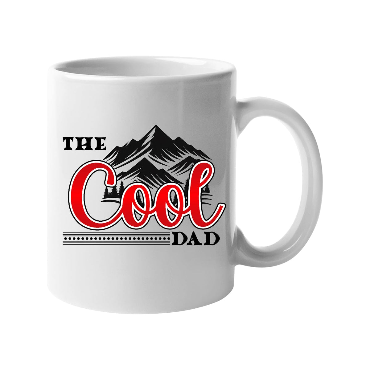 White mug with “The Cool Dad” in red script under black mountain peaks