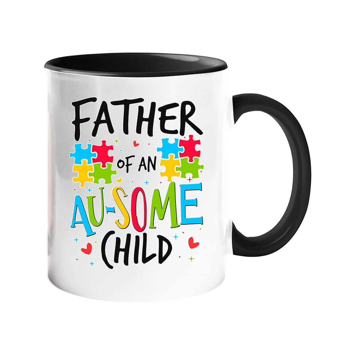 Colour handle mug with “Father of an AU-SOME child” with colourful puzzle pieces – black handle and inside