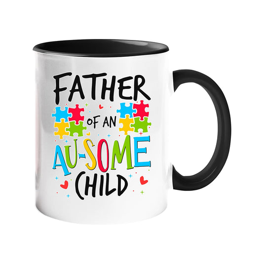 Colour handle mug with “Father of an AU-SOME child” with colourful puzzle pieces – black handle and inside