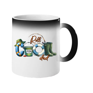 Colour changing mug revealing “Reel COOL Dad” spelled out with a bucket hat, bait tin, float and wellies