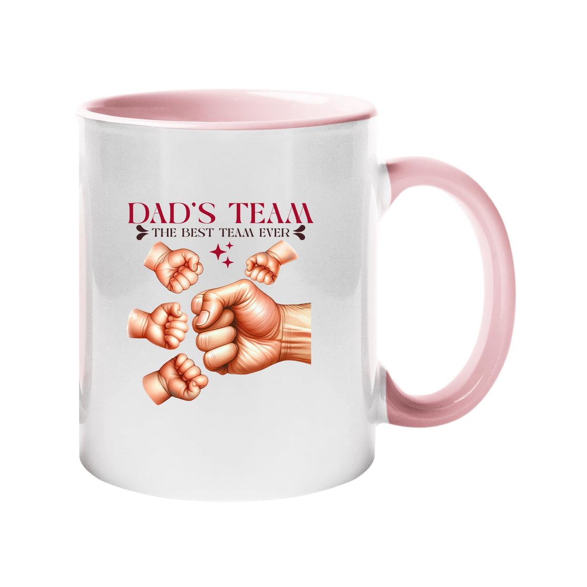 Colour handle mug with “Dad’s Team – the best team ever” with a big fist bumping little fists – light pink handle and inside