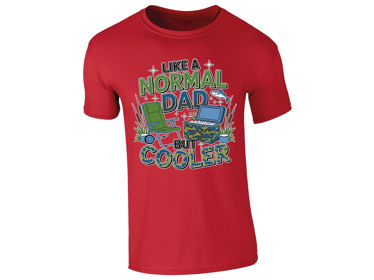 Red men's T-shirt with “Like a normal dad but cooler” camping chair and cool box design