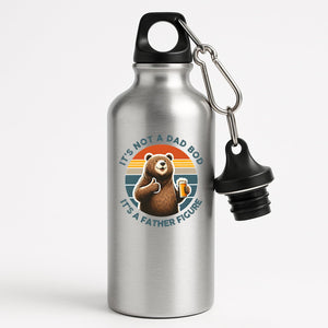 Silver aluminium water bottle with a thumbs-up bear with a beer on a retro sunset and “It’s not a dad bod, it’s a father figure”