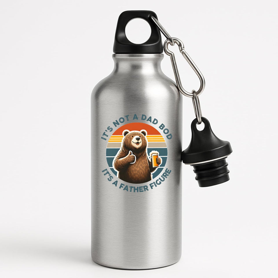Silver aluminium water bottle with a thumbs-up bear with a beer on a retro sunset and “It’s not a dad bod, it’s a father figure”