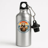 Silver aluminium water bottle with a thumbs-up bear with a beer on a retro sunset and “It’s not a dad bod, it’s a father figure”