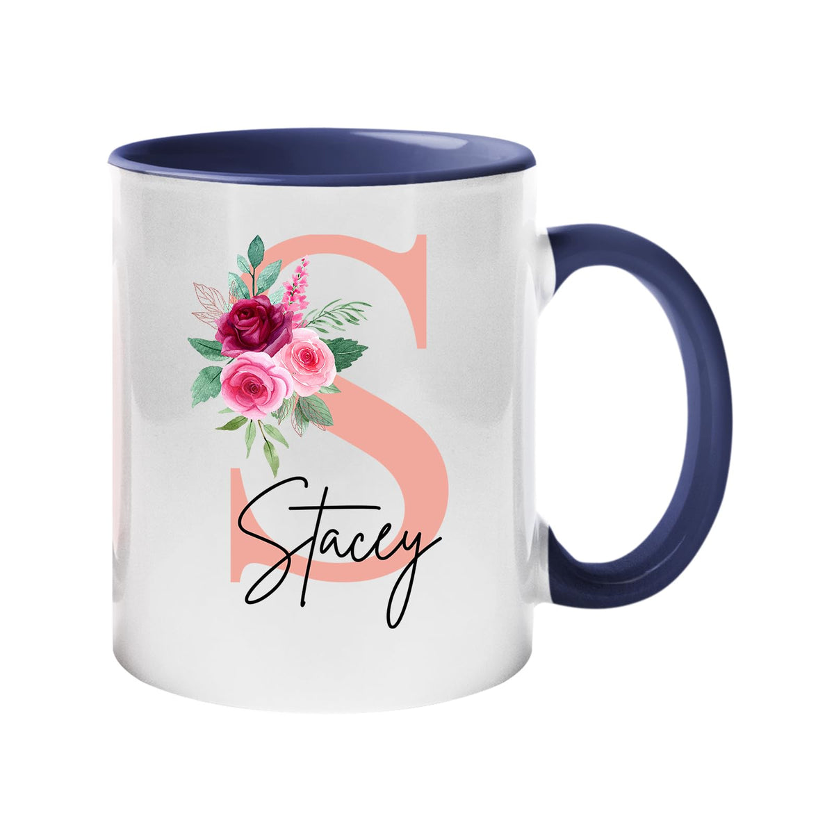 Dark Blue handle mug with a blush pink initial with roses and an example name