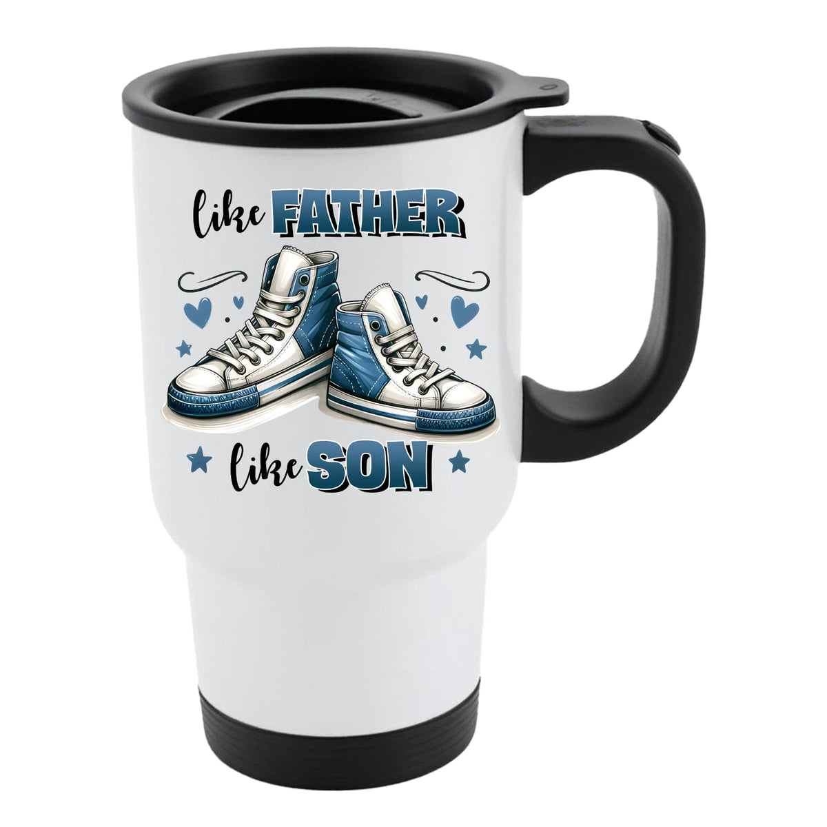 White travel mug with black lid and a pair of blue high-top sneakers with hearts and “Like father, like son”