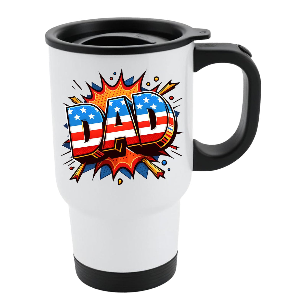White travel mug with black lid and a comic-style “DAD” in stars and stripes on a starburst