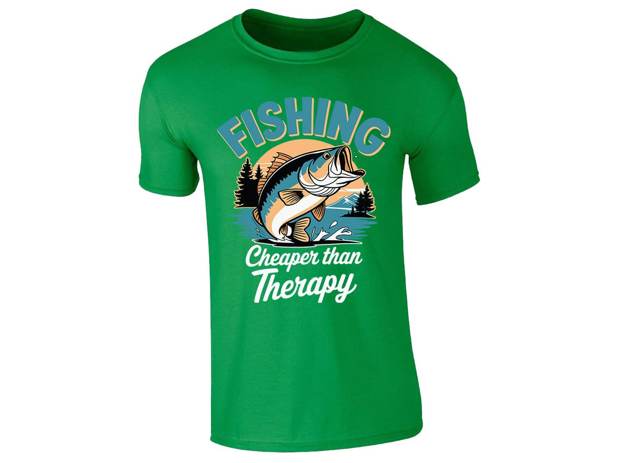 Irish Green men's T-shirt with “Fishing – cheaper than therapy” bass design