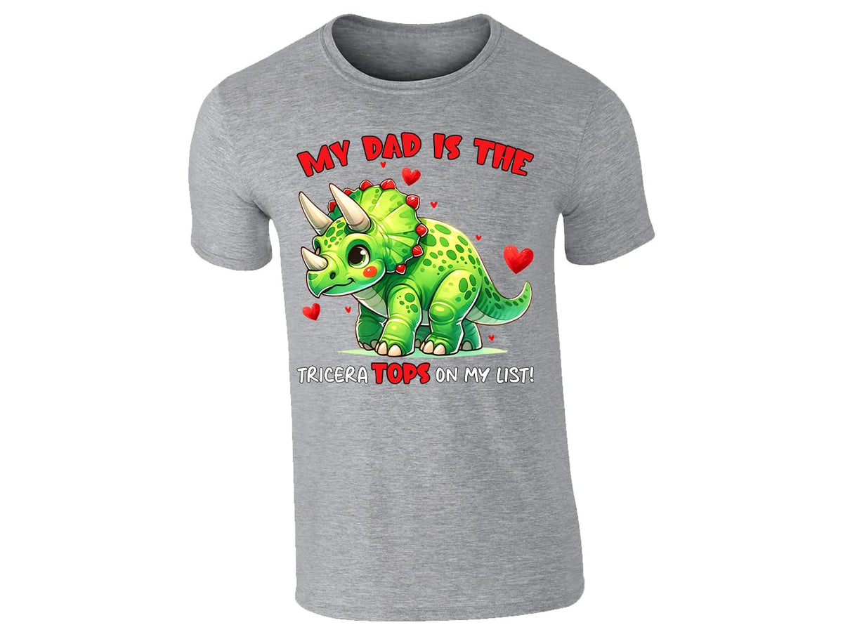 Heather Grey men's T-shirt with triceratops “My dad is the TriceraTOPS on my list” design