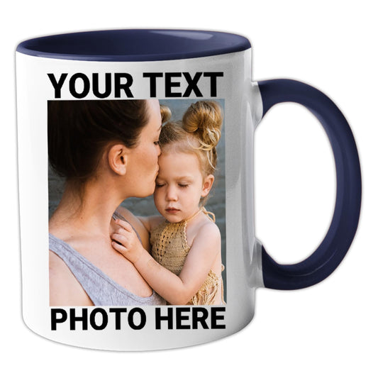 Dark blue handle mug with an example photo and text