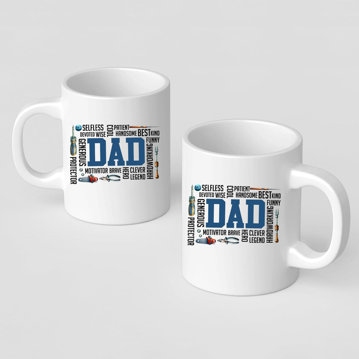 Front and back of the DAD word cloud mug