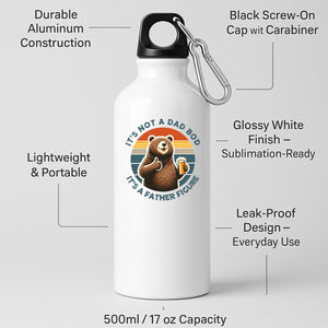 White aluminium water bottle with a thumbs-up bear with a beer on a retro sunset and “It’s not a dad bod, it’s a father figure”